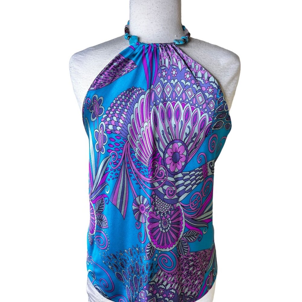 Boho Silk Halter Top Handkerchief  Beaded Neckline Turquoise peacock Sz M Sexy